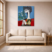 Gallery-wrapped canvas print of Pablo Picasso's 'Jacqueline with Flowers' displayed on a wall in a living room