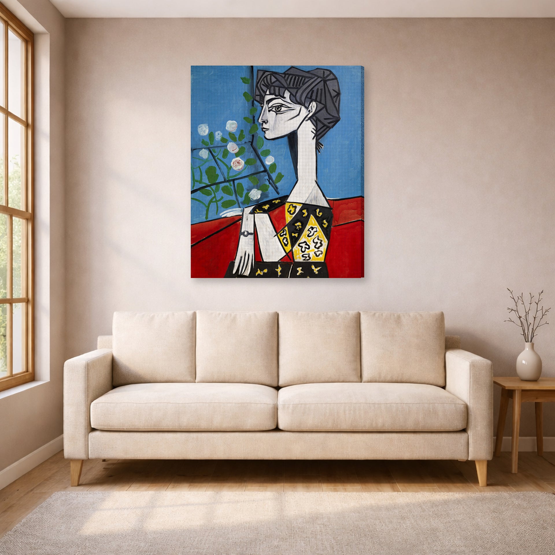 Gallery-wrapped canvas print of Pablo Picasso's 'Jacqueline with Flowers' displayed on a wall in a living room