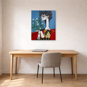 Gallery-wrapped canvas print of Pablo Picasso's 'Jacqueline with Flowers' displayed on a wall in a home office