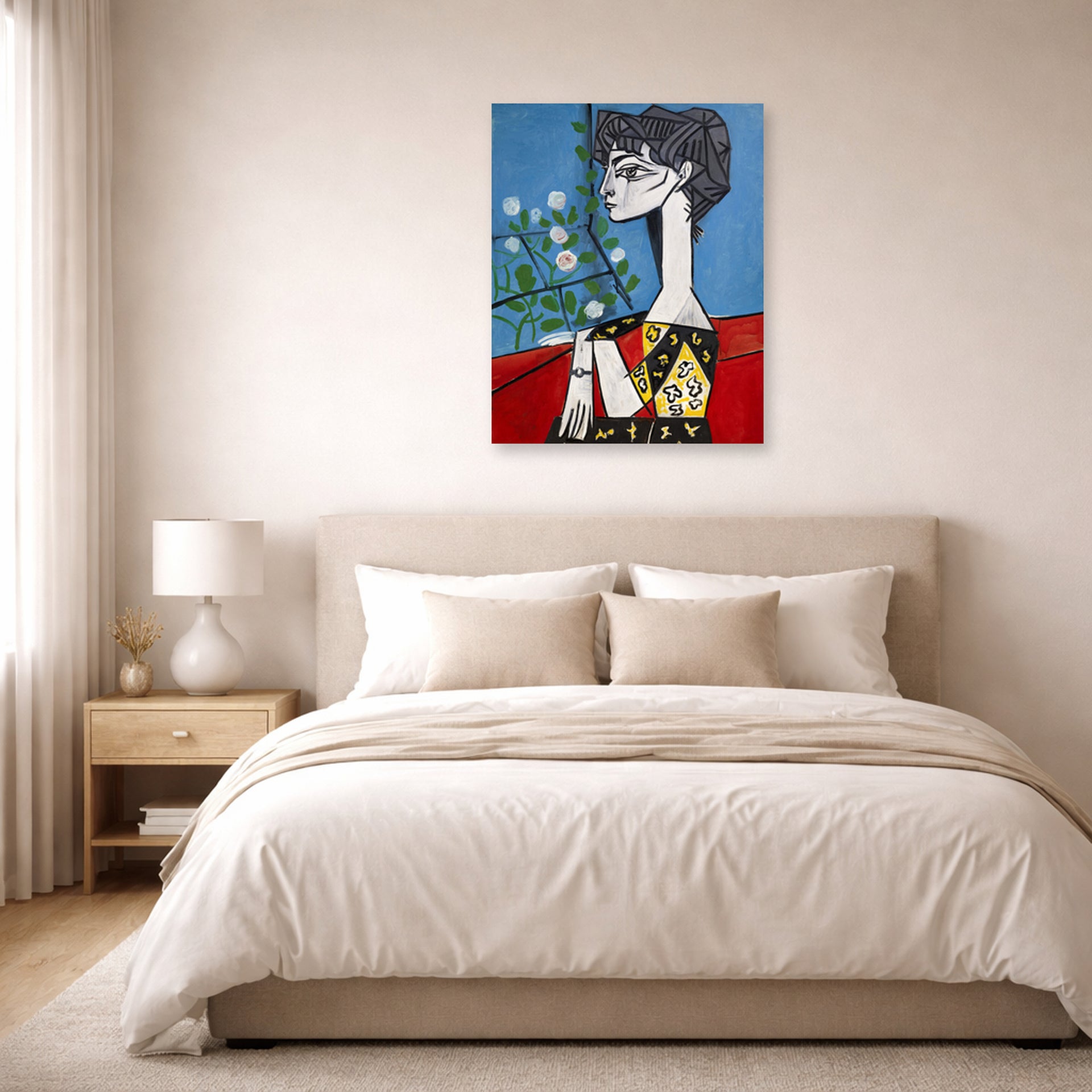 Unframed poster print of Pablo Picasso's 'Jacqueline with Flowers' displayed on a wall in a bedroom