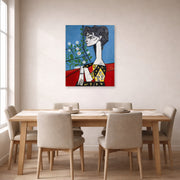 Unframed poster print of Pablo Picasso's 'Jacqueline with Flowers' displayed on a wall in a dining room