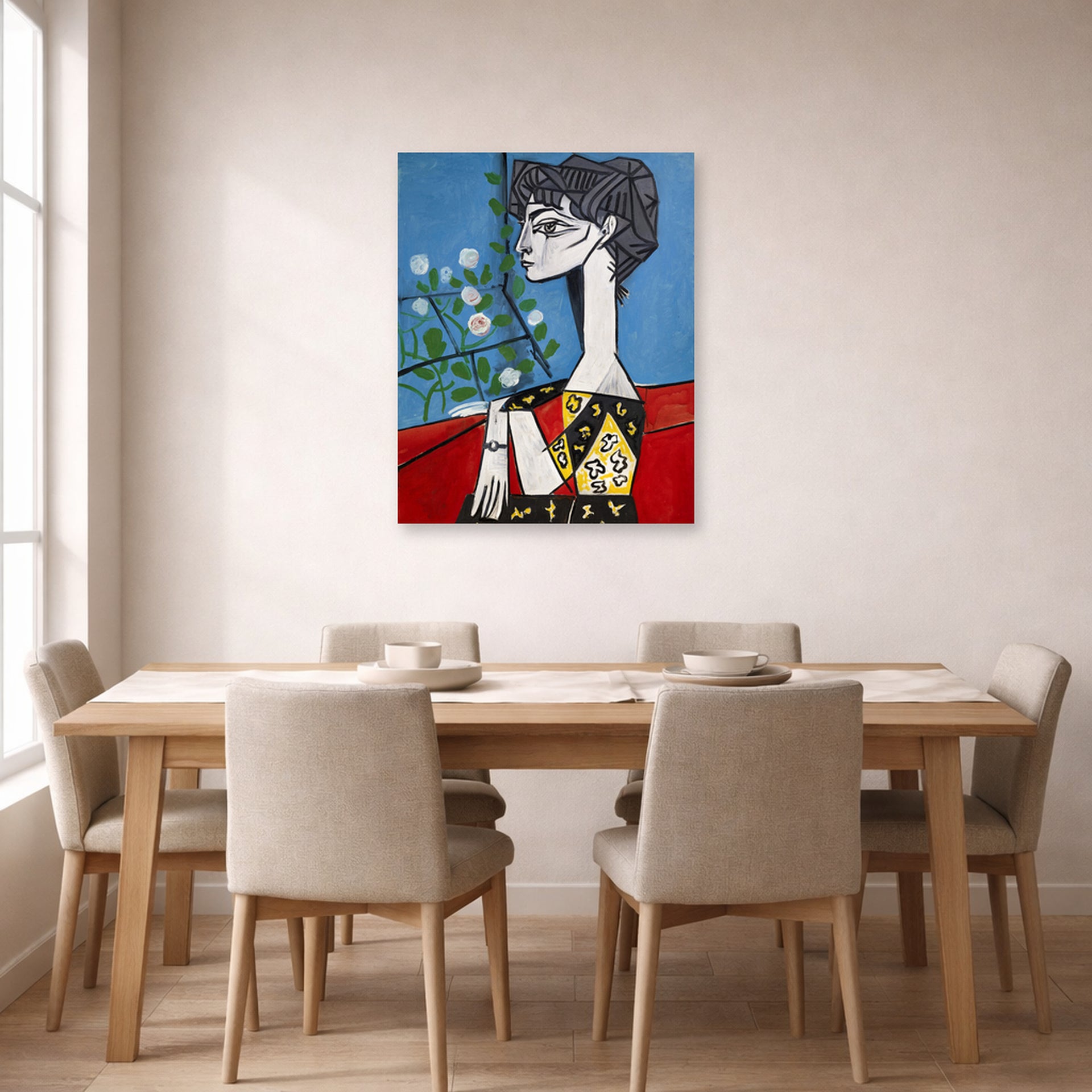 Unframed poster print of Pablo Picasso's 'Jacqueline with Flowers' displayed on a wall in a dining room