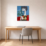 Unframed poster print of Pablo Picasso's 'Jacqueline with Flowers' displayed on a wall in a home office