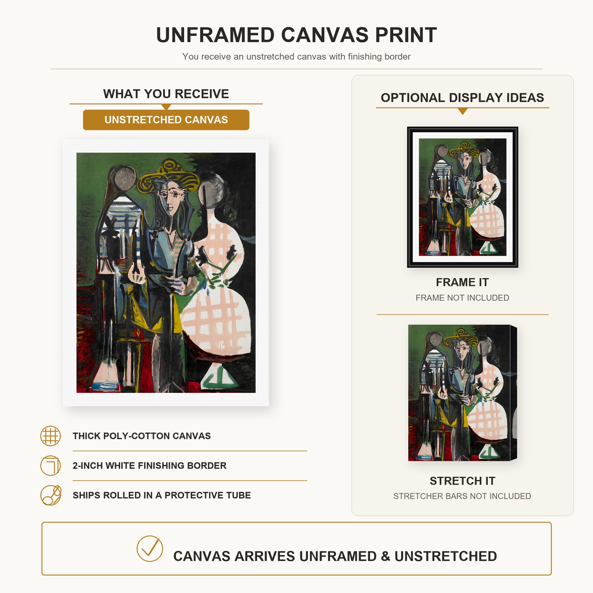 Pablo Picasso - Jacqueline with Paloma and Catherine canvas print size comparison and framing display infographic