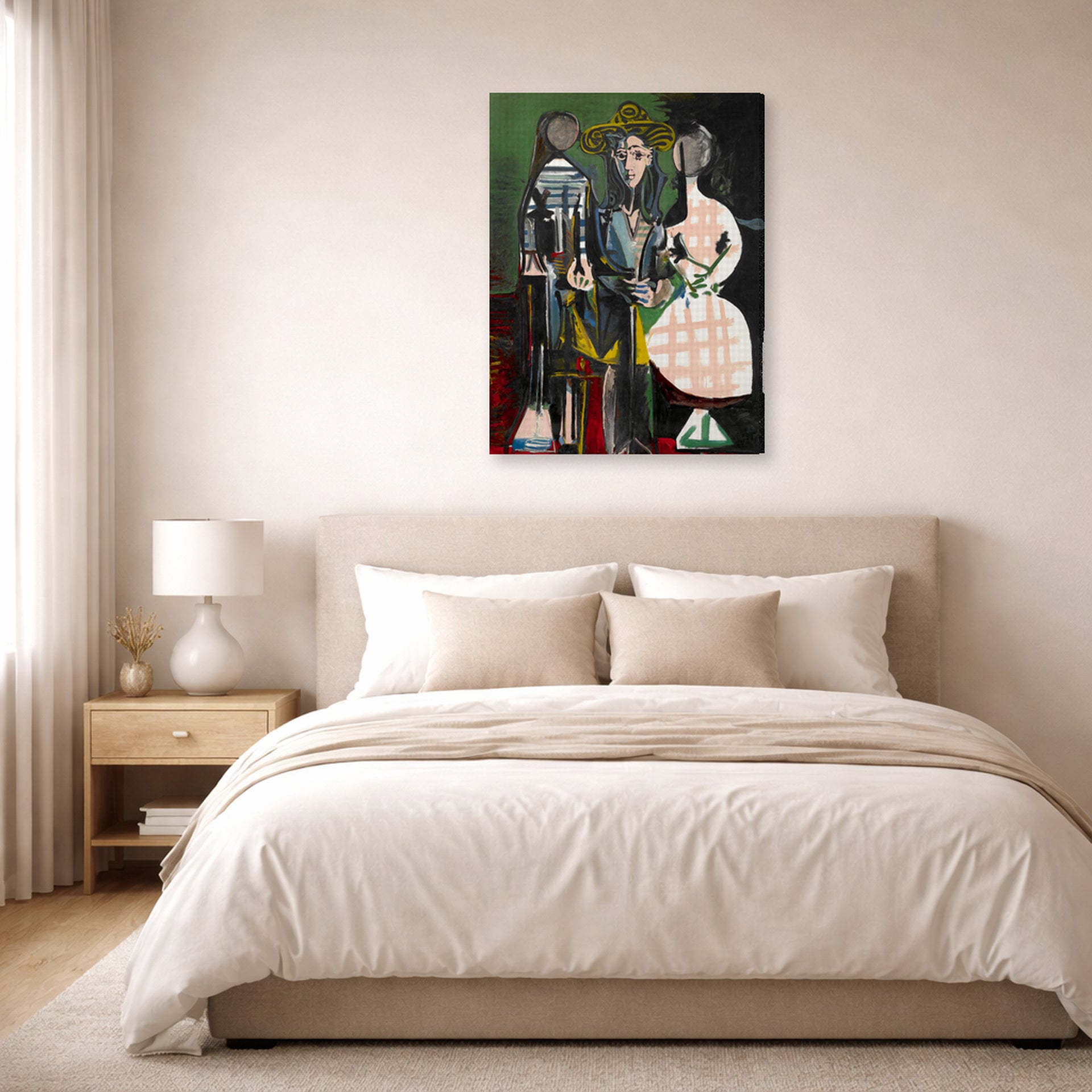 Gallery-wrapped canvas print of Pablo Picasso's 'Jacqueline with Paloma and Catherine' displayed on a wall in a bedroom