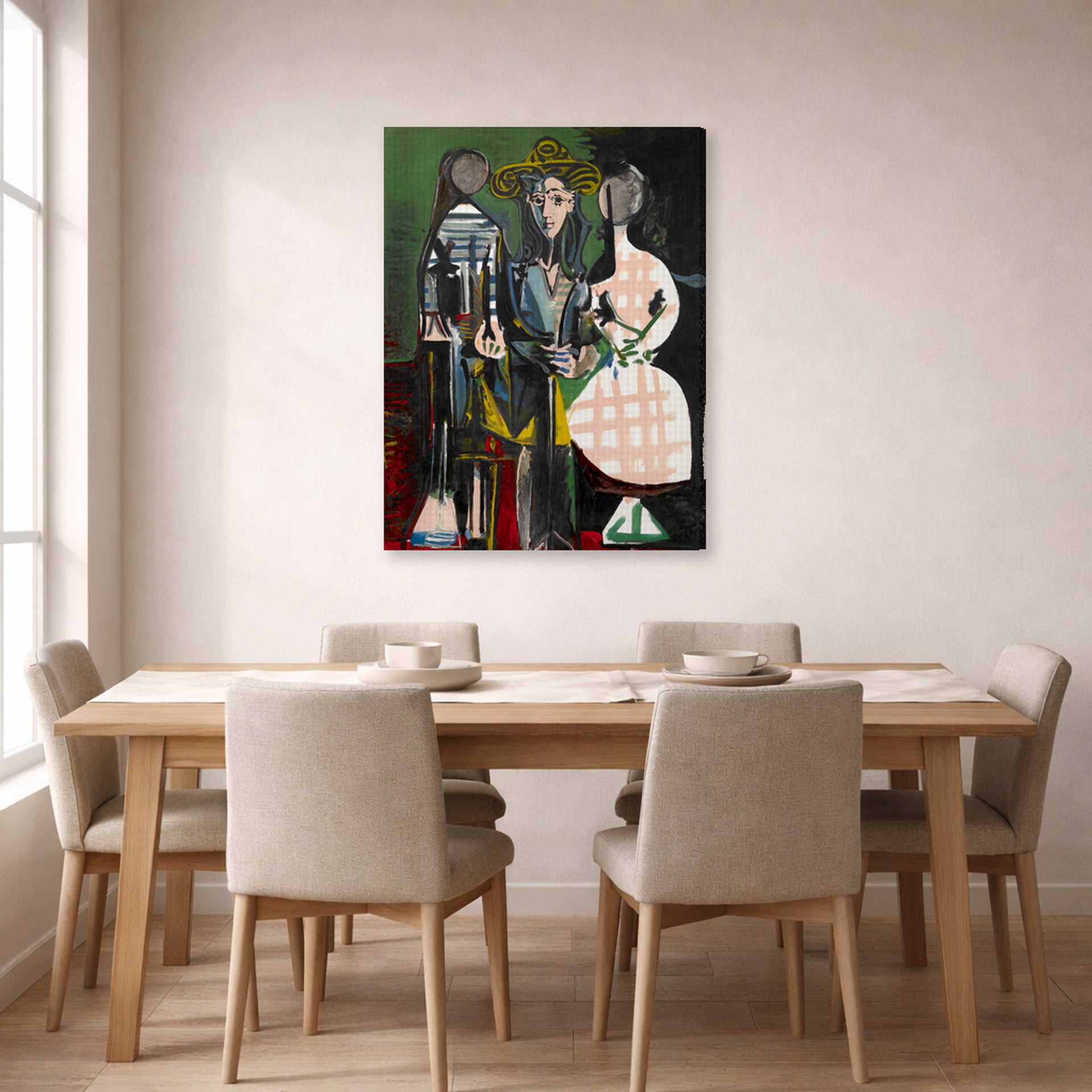 Gallery-wrapped canvas print of Pablo Picasso's 'Jacqueline with Paloma and Catherine' displayed on a wall in a dining room