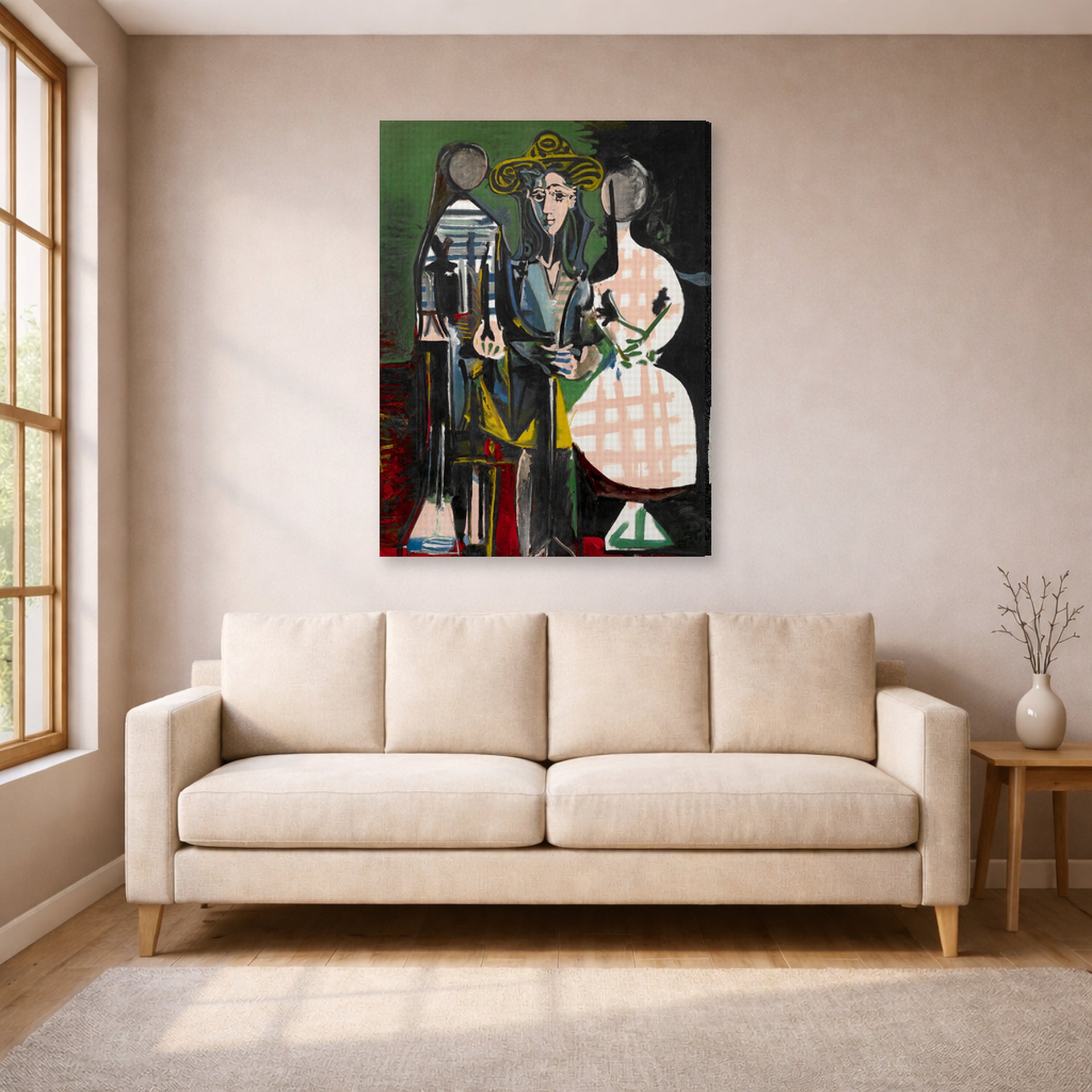 Gallery-wrapped canvas print of Pablo Picasso's 'Jacqueline with Paloma and Catherine' displayed on a wall in a living room