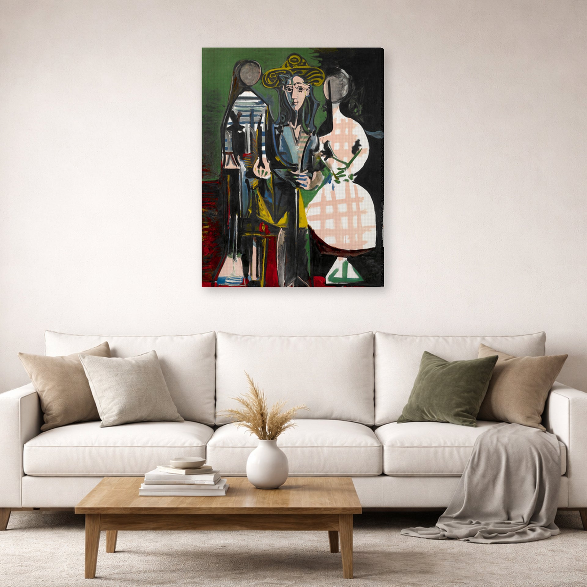 Gallery-wrapped canvas print of Pablo Picasso's 'Jacqueline with Paloma and Catherine' displayed on a wall in a living room