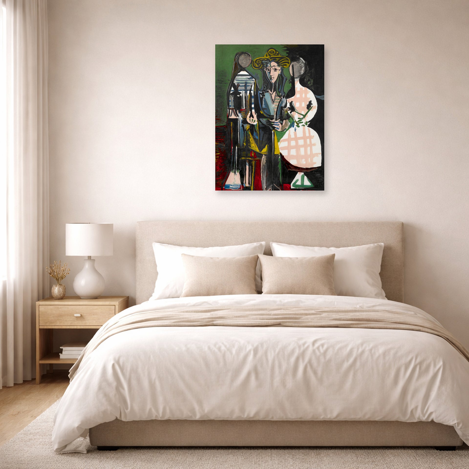 Unframed poster print of Pablo Picasso's 'Jacqueline with Paloma and Catherine' displayed on a wall in a bedroom