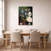 Unframed poster print of Pablo Picasso's 'Jacqueline with Paloma and Catherine' displayed on a wall in a dining room
