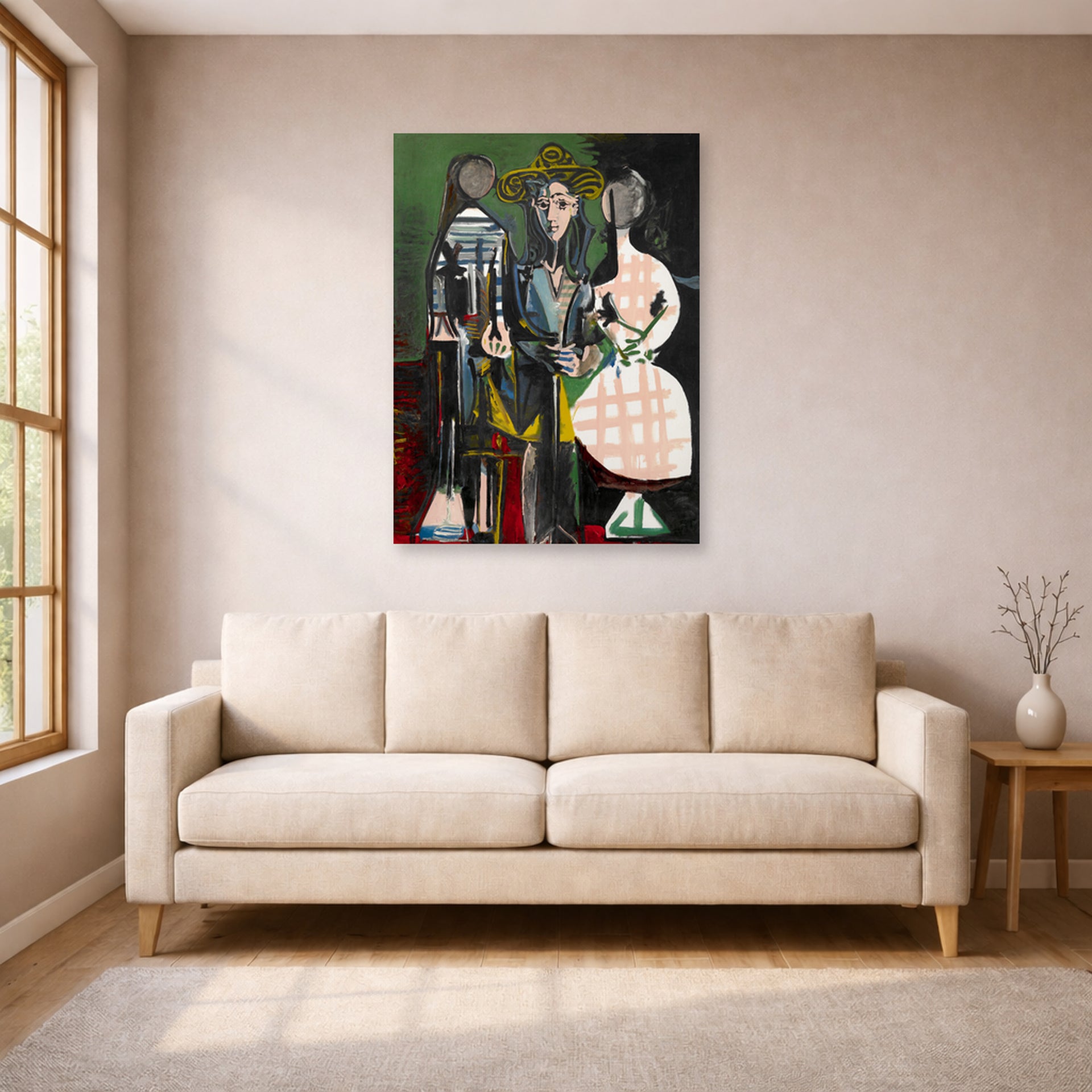 Unframed poster print of Pablo Picasso's 'Jacqueline with Paloma and Catherine' displayed on a wall in a living room