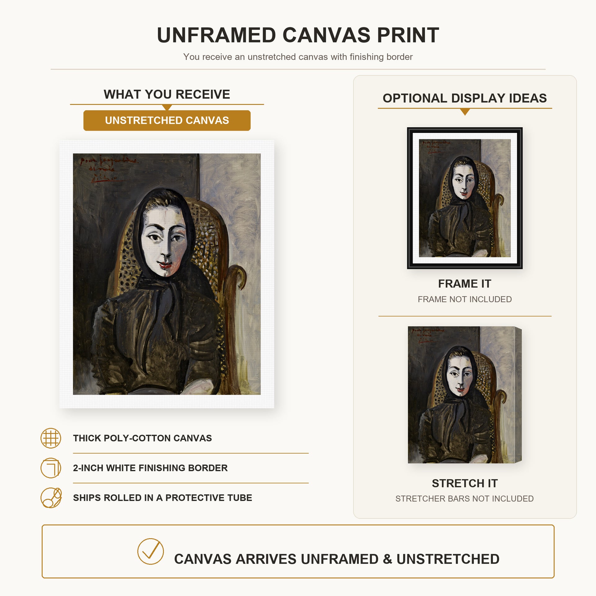 Pablo Picasso - Jacqueline with a Black Scarf canvas print size comparison and framing display infographic