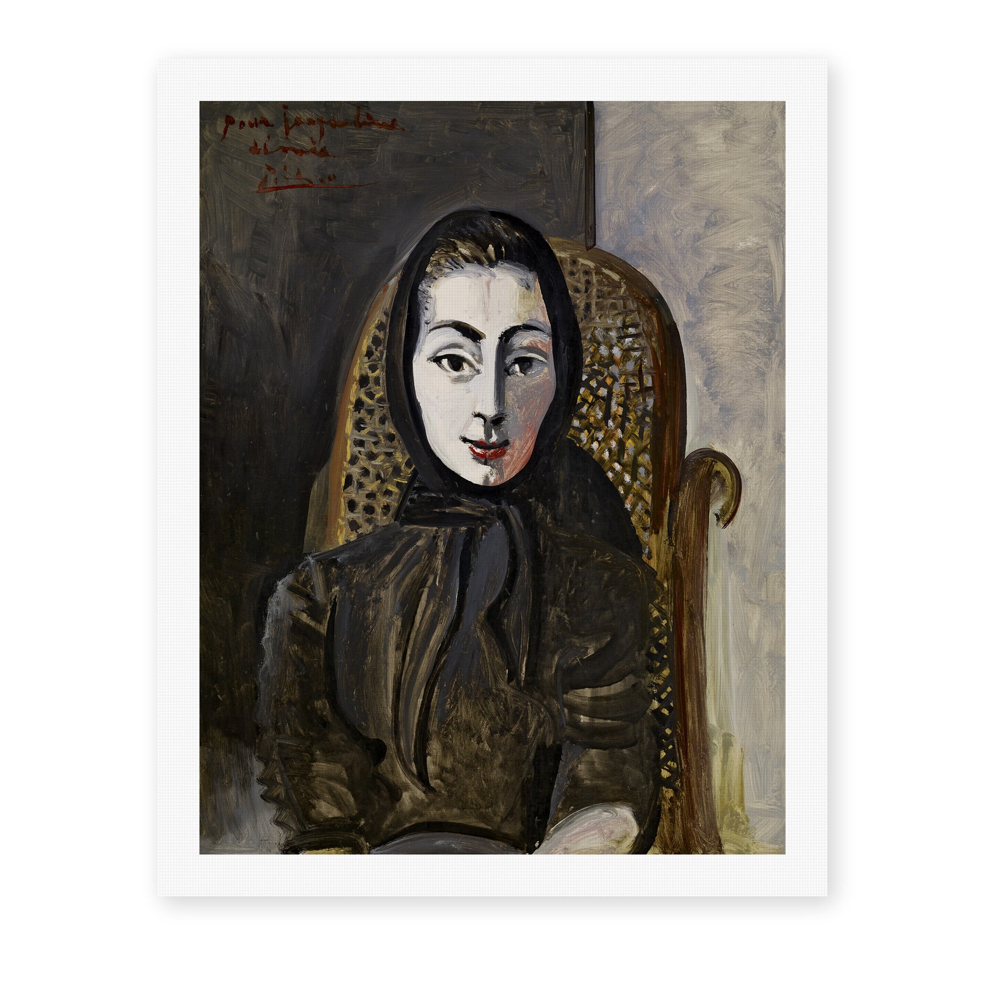 Pablo Picasso's 'Jacqueline with a Black Scarf' painting reproduced as a rolled canvas print