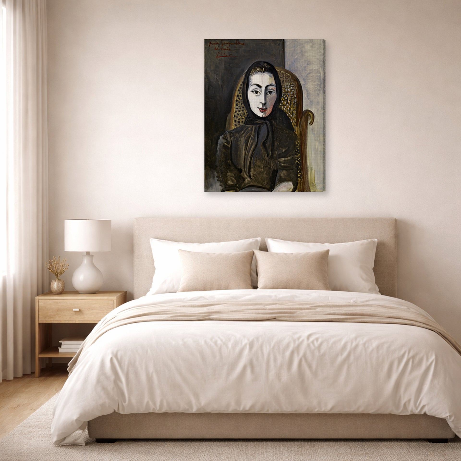 Gallery-wrapped canvas print of Pablo Picasso's 'Jacqueline with a Black Scarf' displayed on a wall in a bedroom