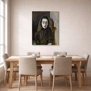 Gallery-wrapped canvas print of Pablo Picasso's 'Jacqueline with a Black Scarf' displayed on a wall in a dining room