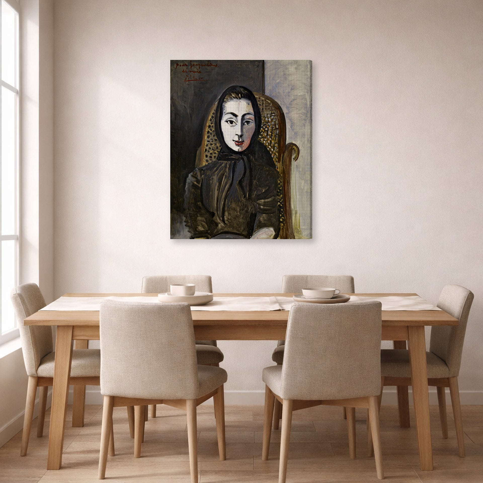 Gallery-wrapped canvas print of Pablo Picasso's 'Jacqueline with a Black Scarf' displayed on a wall in a dining room