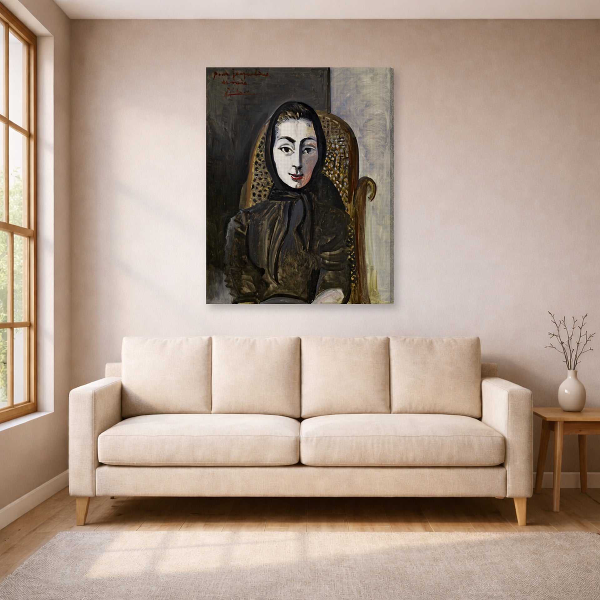 Gallery-wrapped canvas print of Pablo Picasso's 'Jacqueline with a Black Scarf' displayed on a wall in a living room
