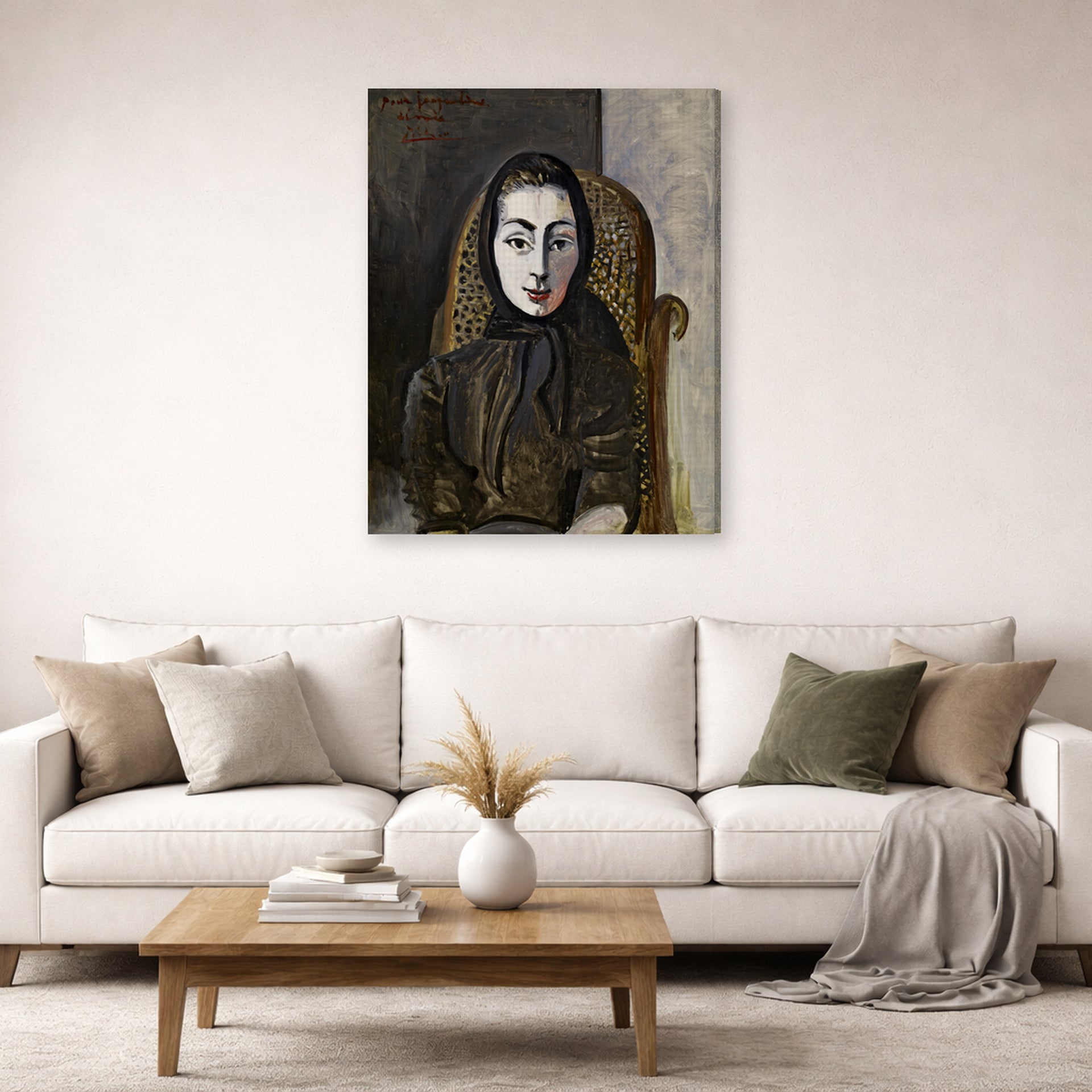 Gallery-wrapped canvas print of Pablo Picasso's 'Jacqueline with a Black Scarf' displayed on a wall in a living room