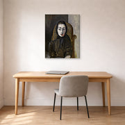 Gallery-wrapped canvas print of Pablo Picasso's 'Jacqueline with a Black Scarf' displayed on a wall in a home office