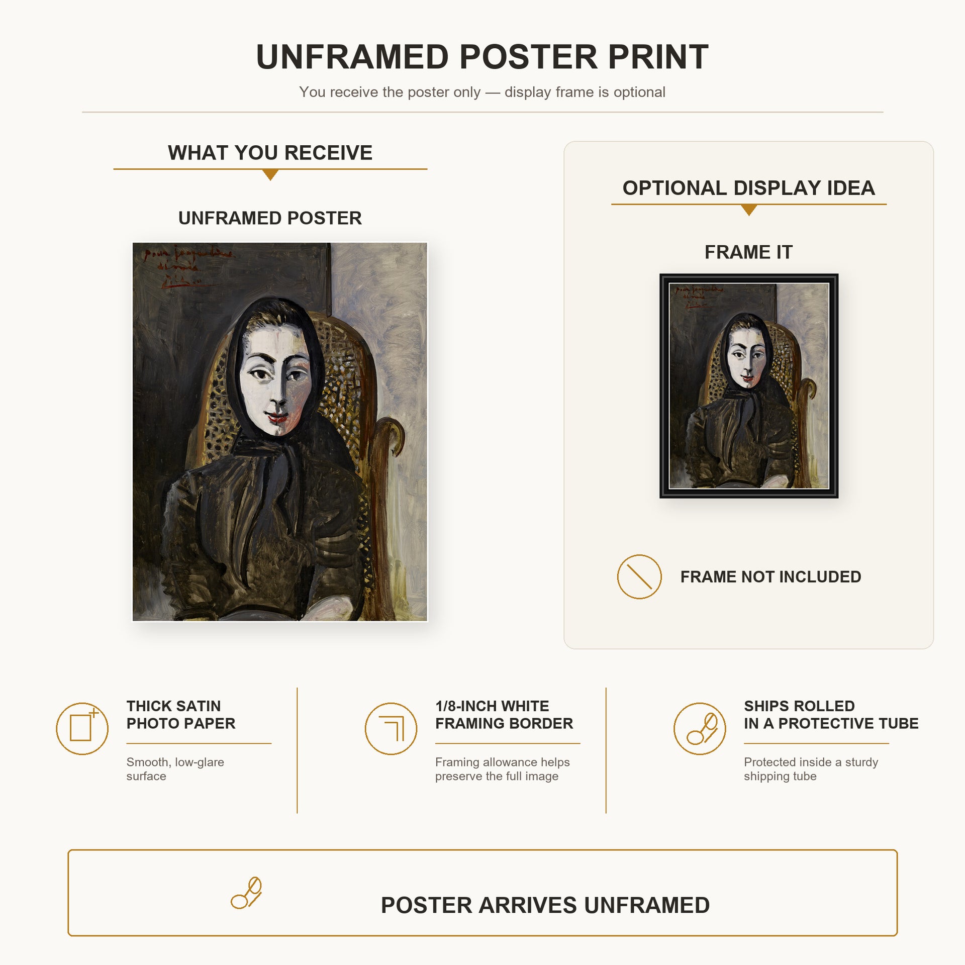 Pablo Picasso - Jacqueline with a Black Scarf poster print size comparison and framing display infographic
