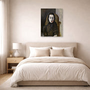 Unframed poster print of Pablo Picasso's 'Jacqueline with a Black Scarf' displayed on a wall in a bedroom