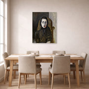Unframed poster print of Pablo Picasso's 'Jacqueline with a Black Scarf' displayed on a wall in a dining room