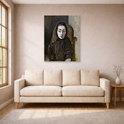 Unframed poster print of Pablo Picasso's 'Jacqueline with a Black Scarf' displayed on a wall in a living room