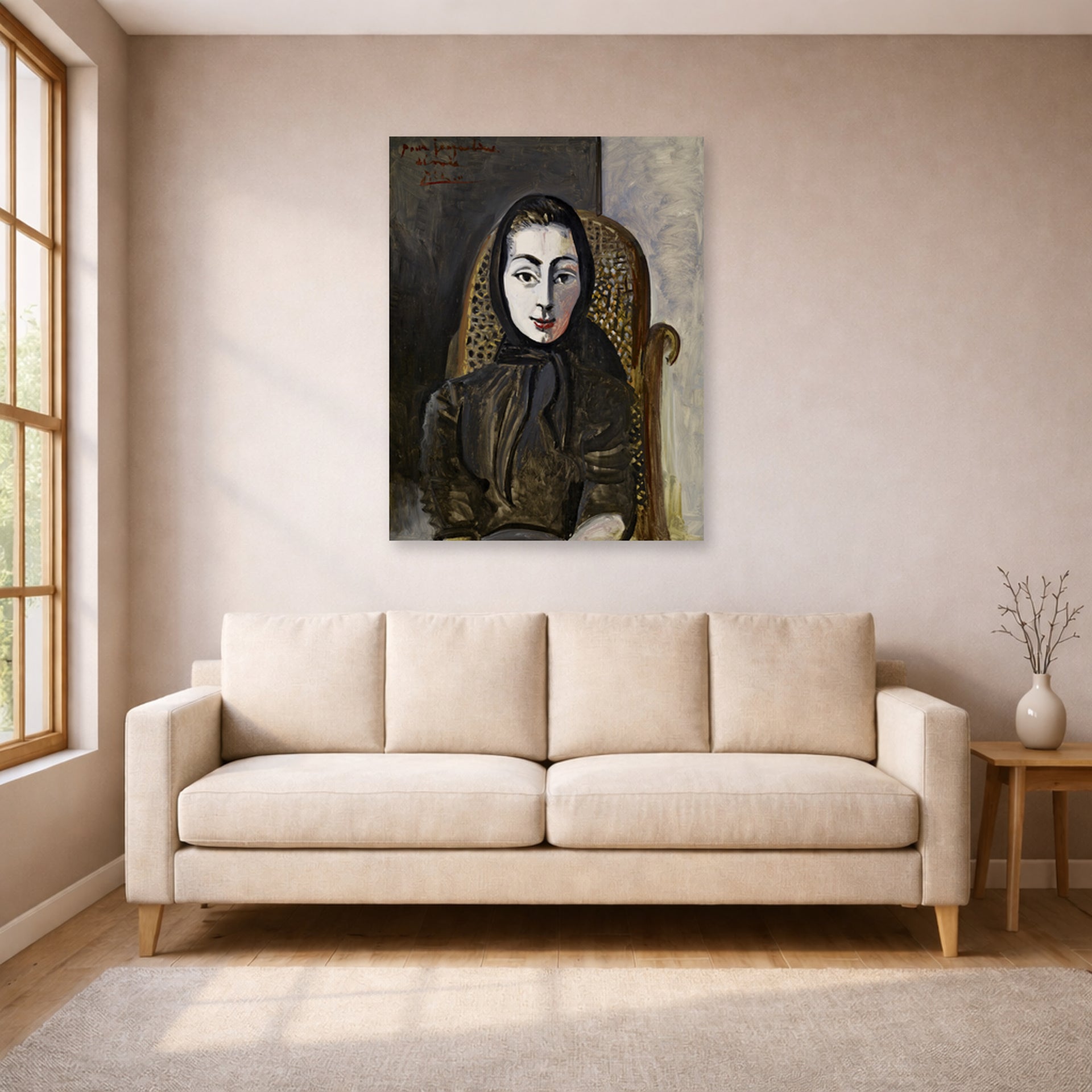 Unframed poster print of Pablo Picasso's 'Jacqueline with a Black Scarf' displayed on a wall in a living room