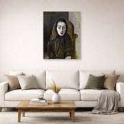 Unframed poster print of Pablo Picasso's 'Jacqueline with a Black Scarf' displayed on a wall in a living room