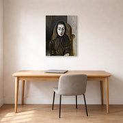 Unframed poster print of Pablo Picasso's 'Jacqueline with a Black Scarf' displayed on a wall in a home office