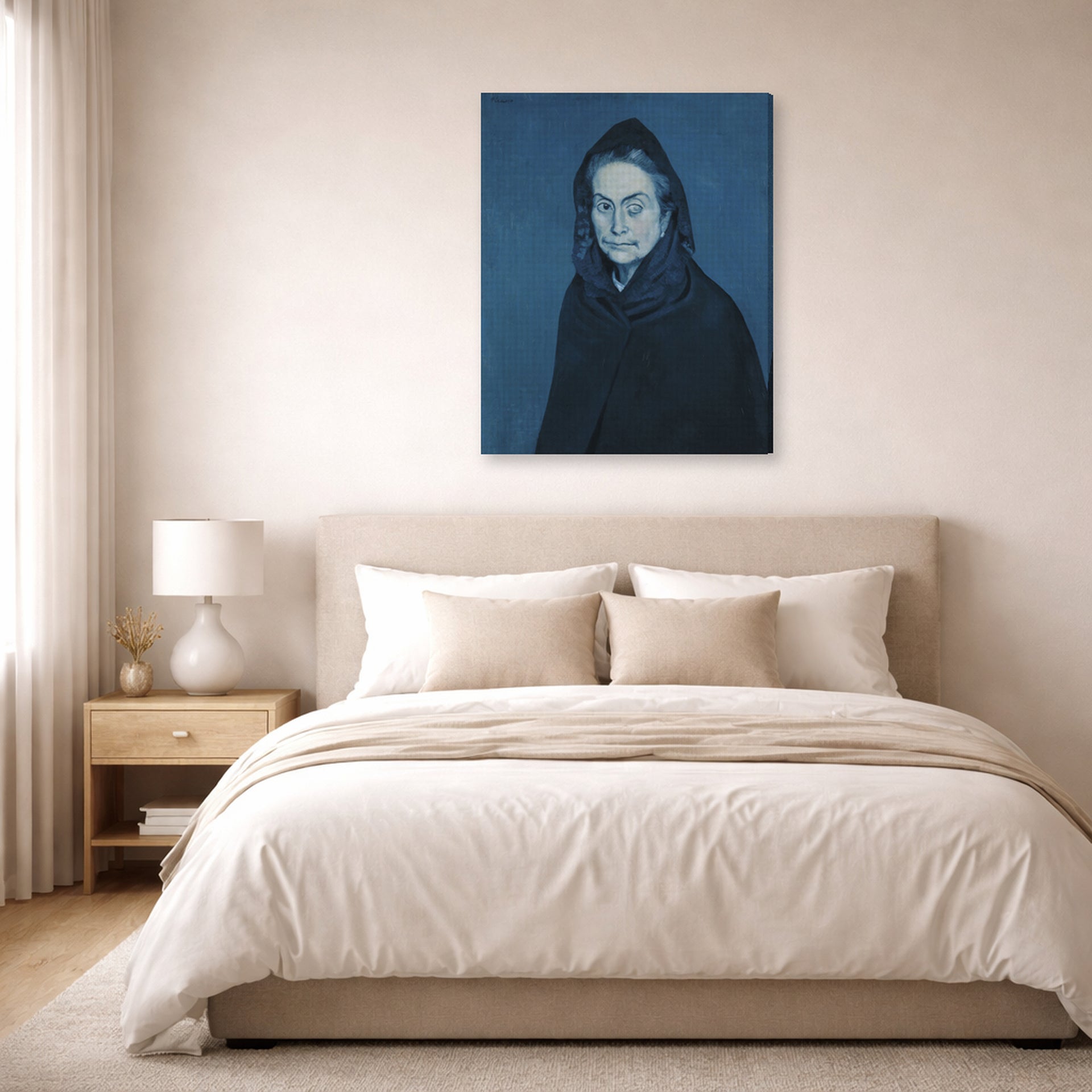 Gallery-wrapped canvas print of Pablo Picasso's 'La Celestine' displayed on a wall in a bedroom