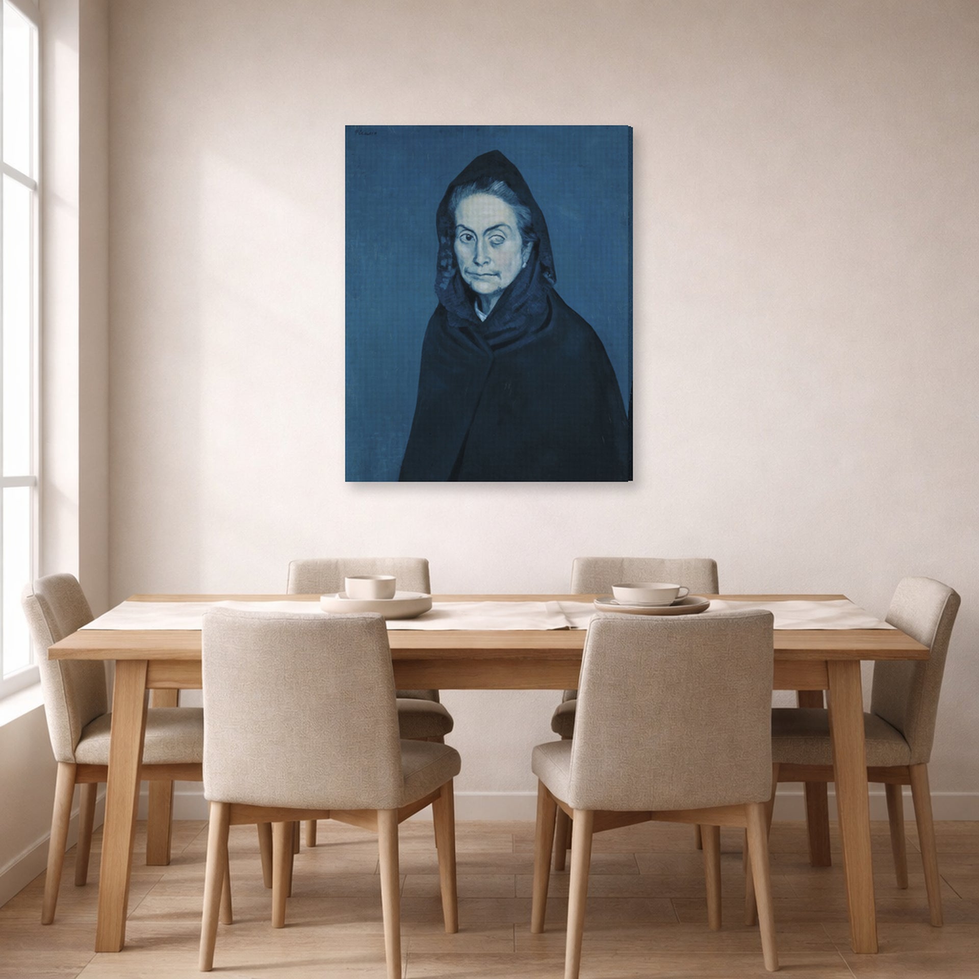 Gallery-wrapped canvas print of Pablo Picasso's 'La Celestine' displayed on a wall in a dining room