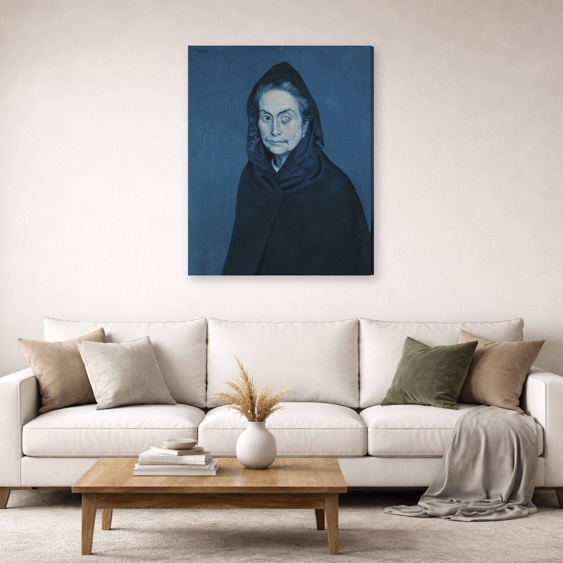 Gallery-wrapped canvas print of Pablo Picasso's 'La Celestine' displayed on a wall in a living room
