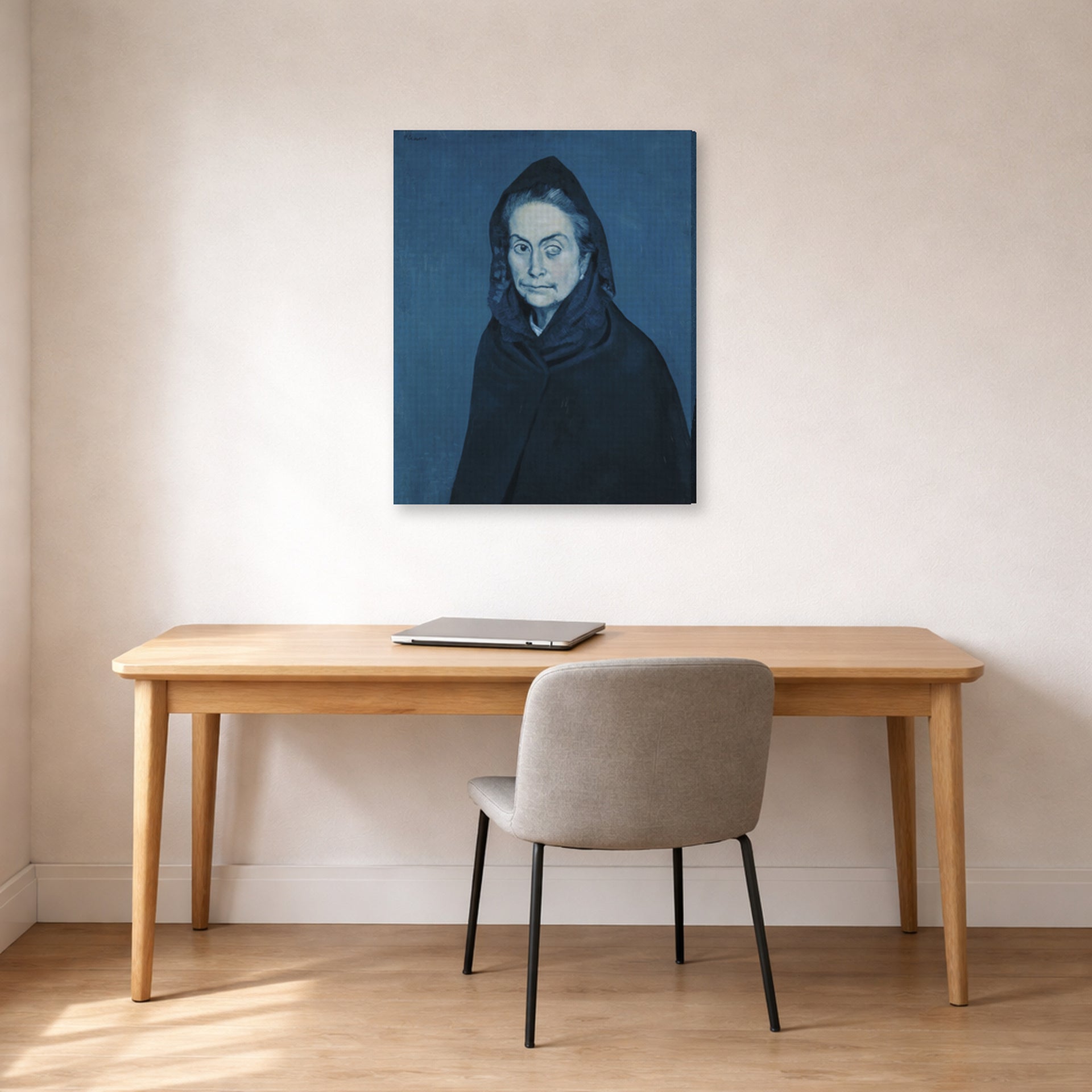 Gallery-wrapped canvas print of Pablo Picasso's 'La Celestine' displayed on a wall in a home office