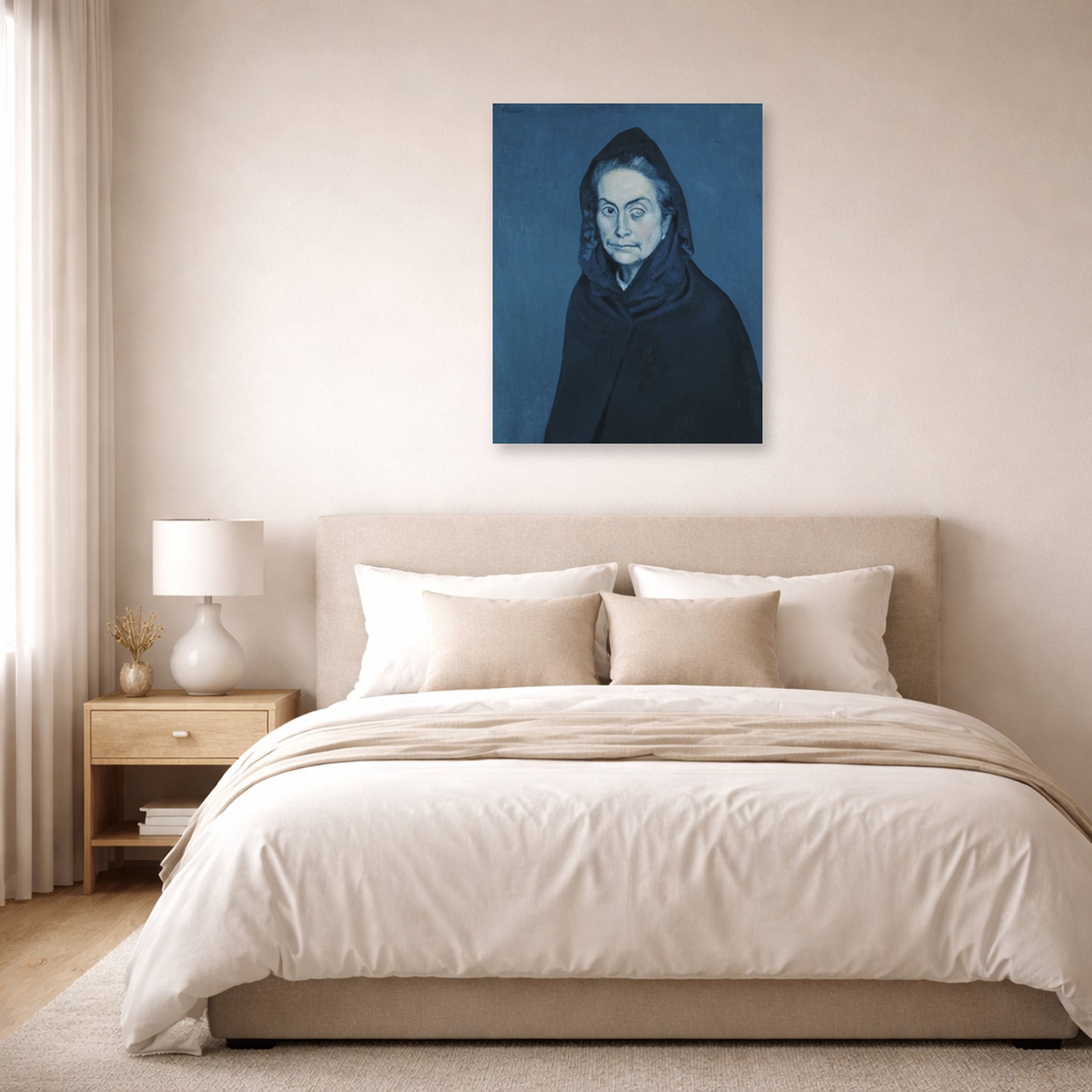 Unframed poster print of Pablo Picasso's 'La Celestine' displayed on a wall in a bedroom