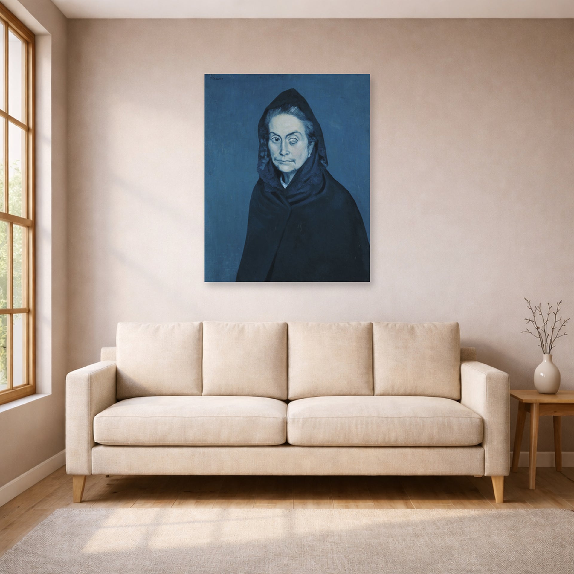 Unframed poster print of Pablo Picasso's 'La Celestine' displayed on a wall in a living room