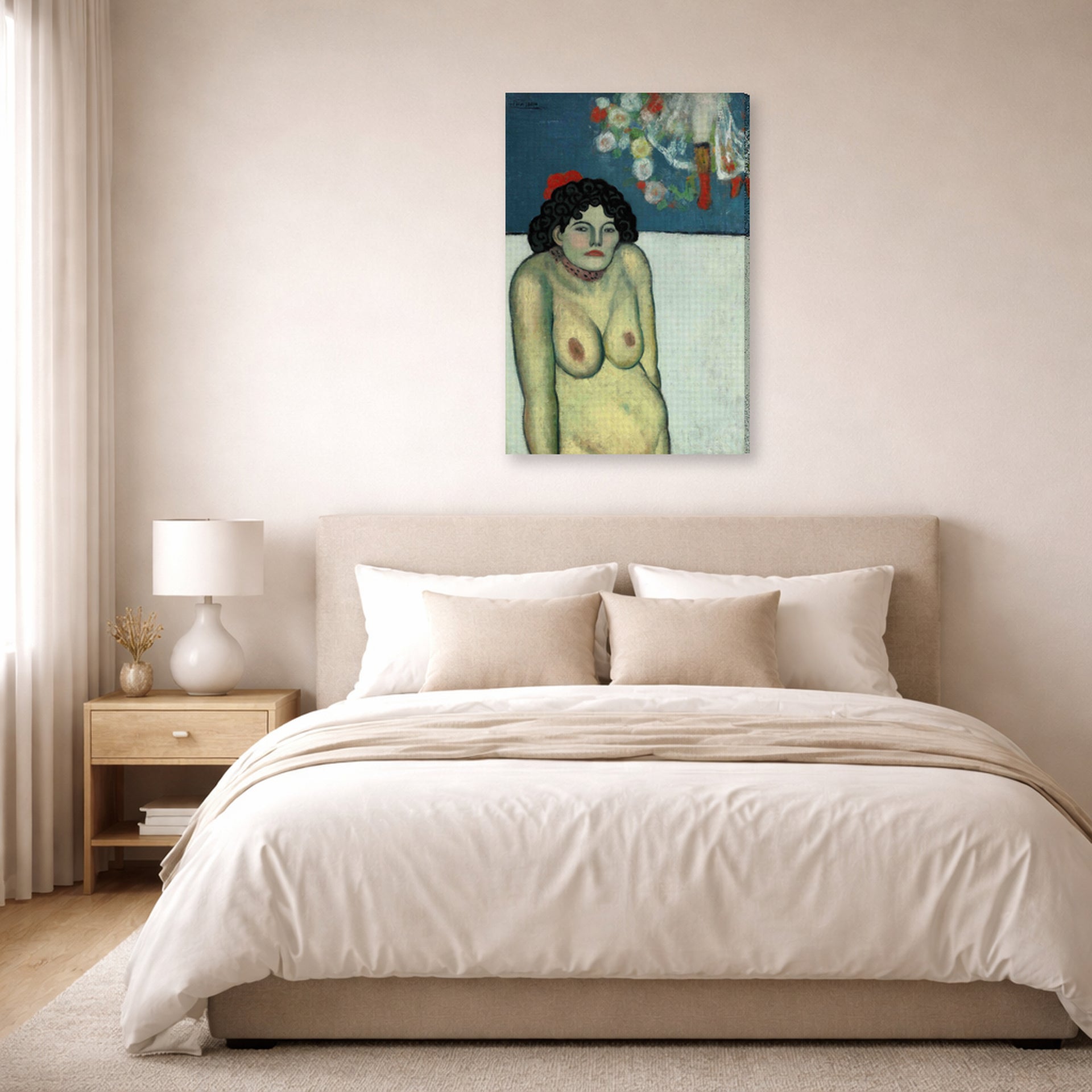 Gallery-wrapped canvas print of Pablo Picasso's 'La Gommeuse' displayed on a wall in a bedroom