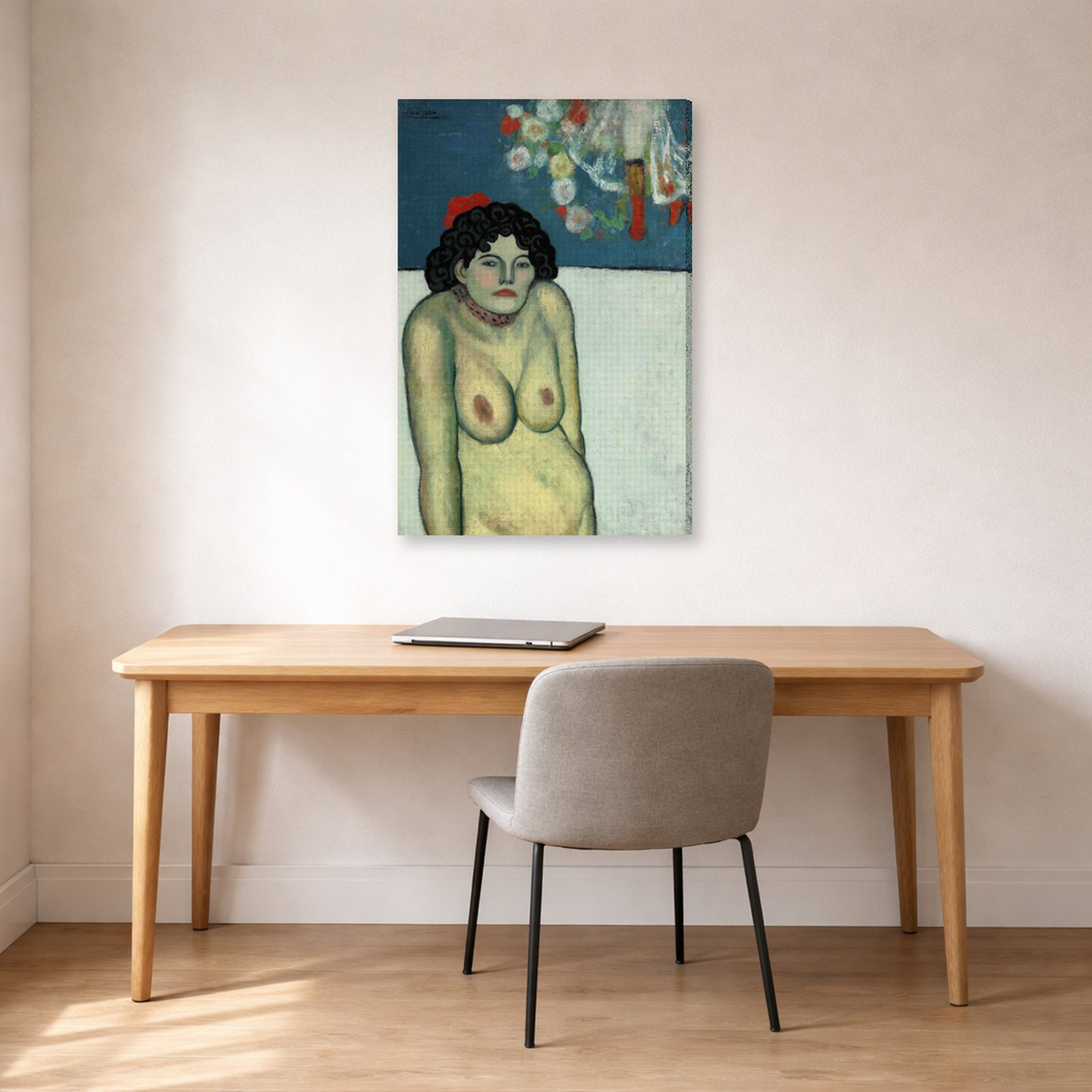 Gallery-wrapped canvas print of Pablo Picasso's 'La Gommeuse' displayed on a wall in a home office