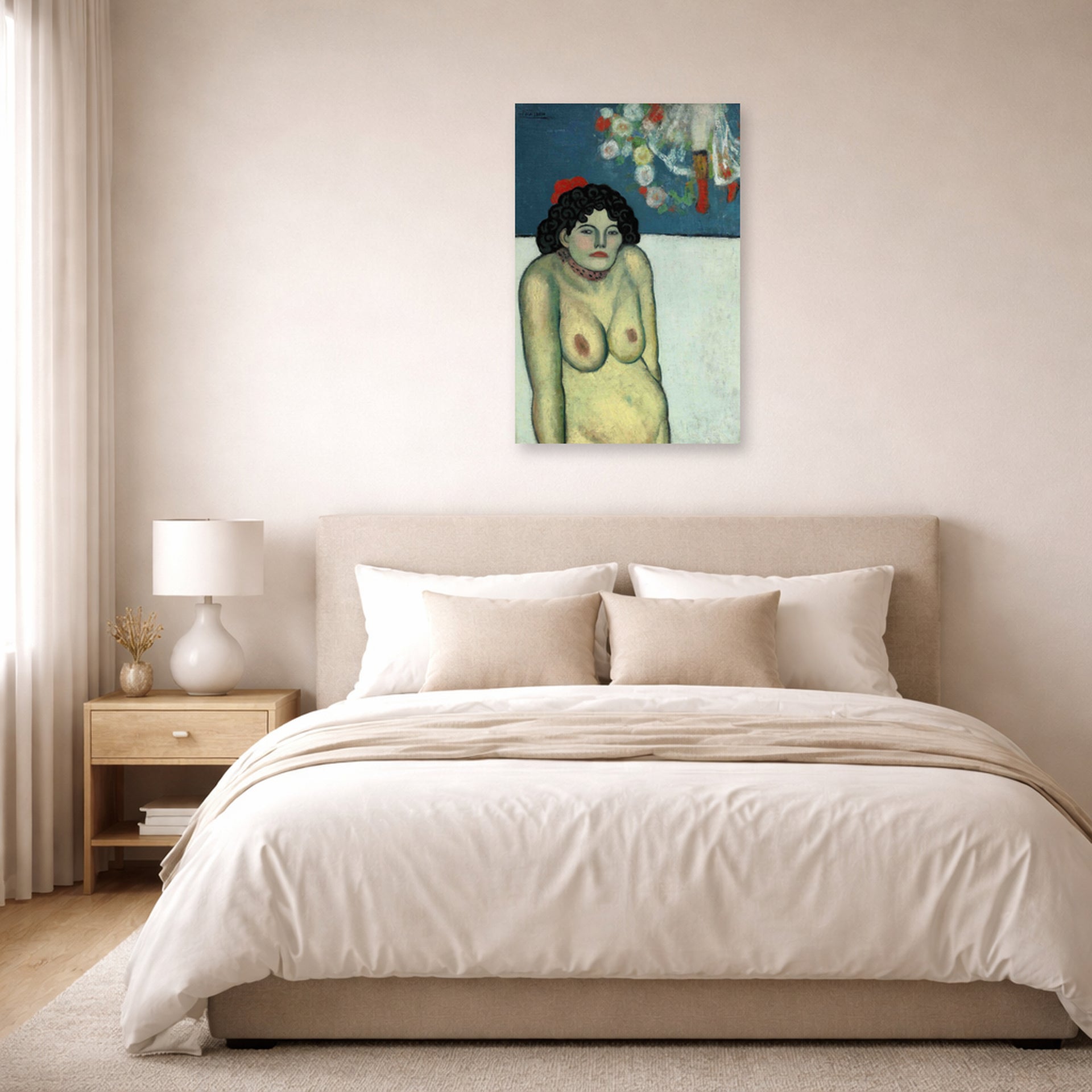 Unframed poster print of Pablo Picasso's 'La Gommeuse' displayed on a wall in a bedroom