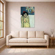 Unframed poster print of Pablo Picasso's 'La Gommeuse' displayed on a wall in a living room