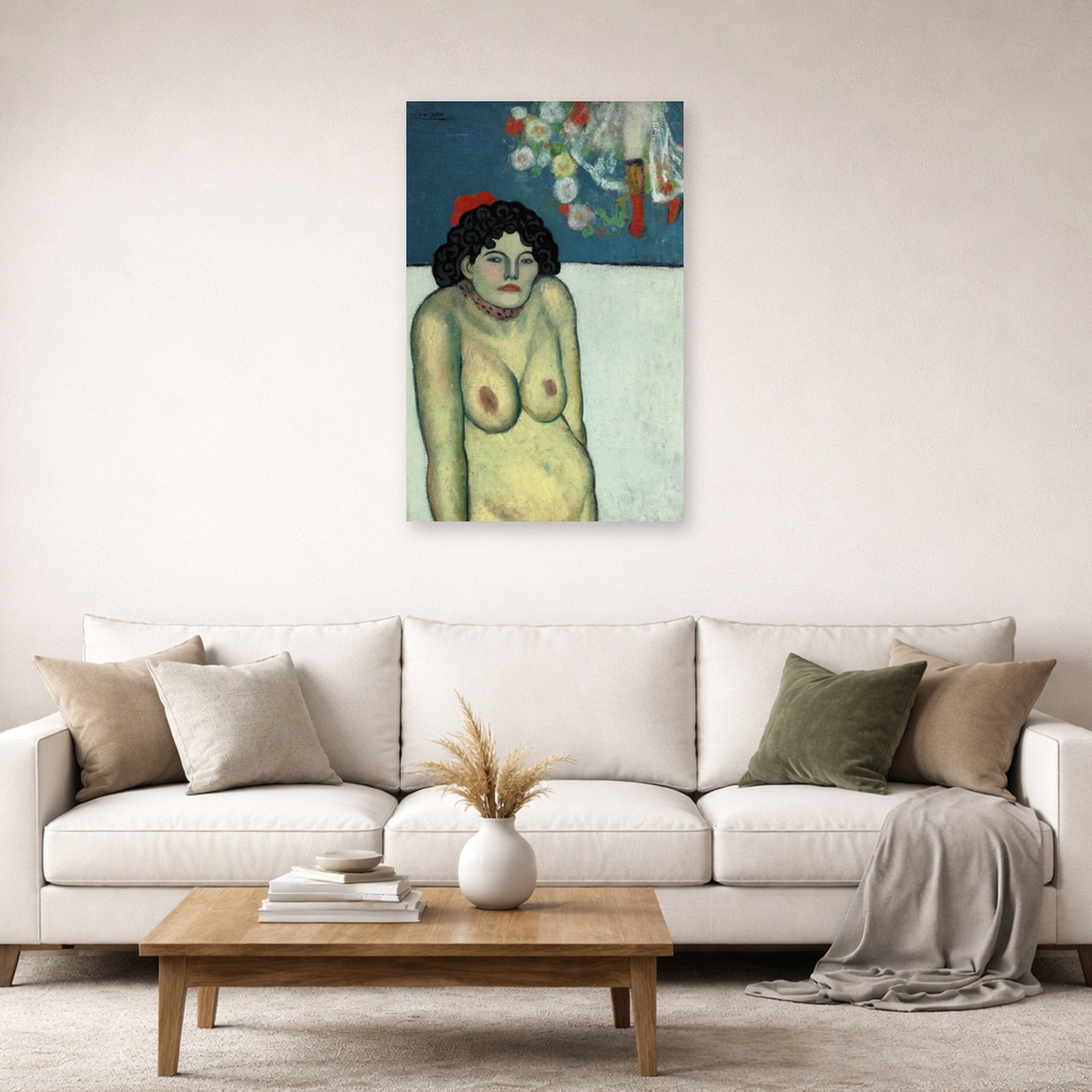 Unframed poster print of Pablo Picasso's 'La Gommeuse' displayed on a wall in a living room