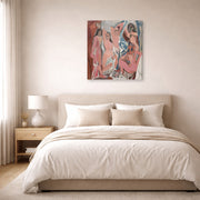 Gallery-wrapped canvas print of Pablo Picasso's 'Les Demoiselles d'Avignon' displayed on a wall in a bedroom