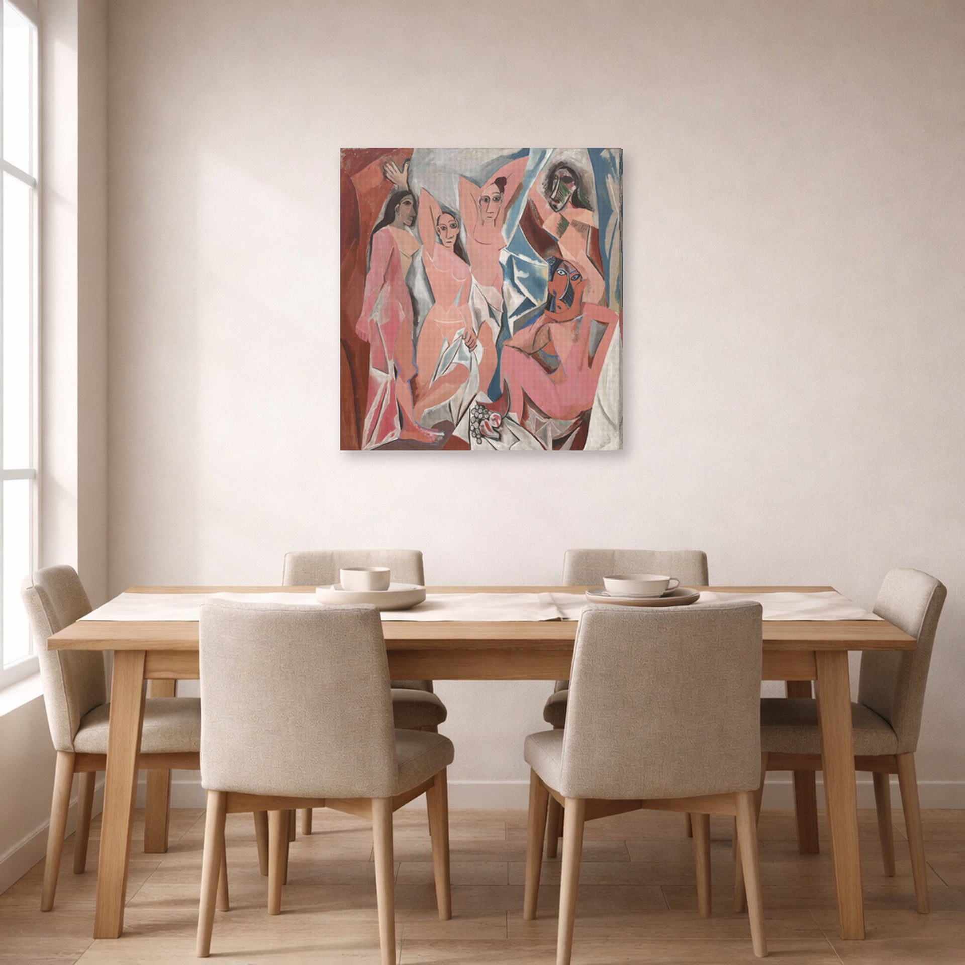Gallery-wrapped canvas print of Pablo Picasso's 'Les Demoiselles d'Avignon' displayed on a wall in a dining room