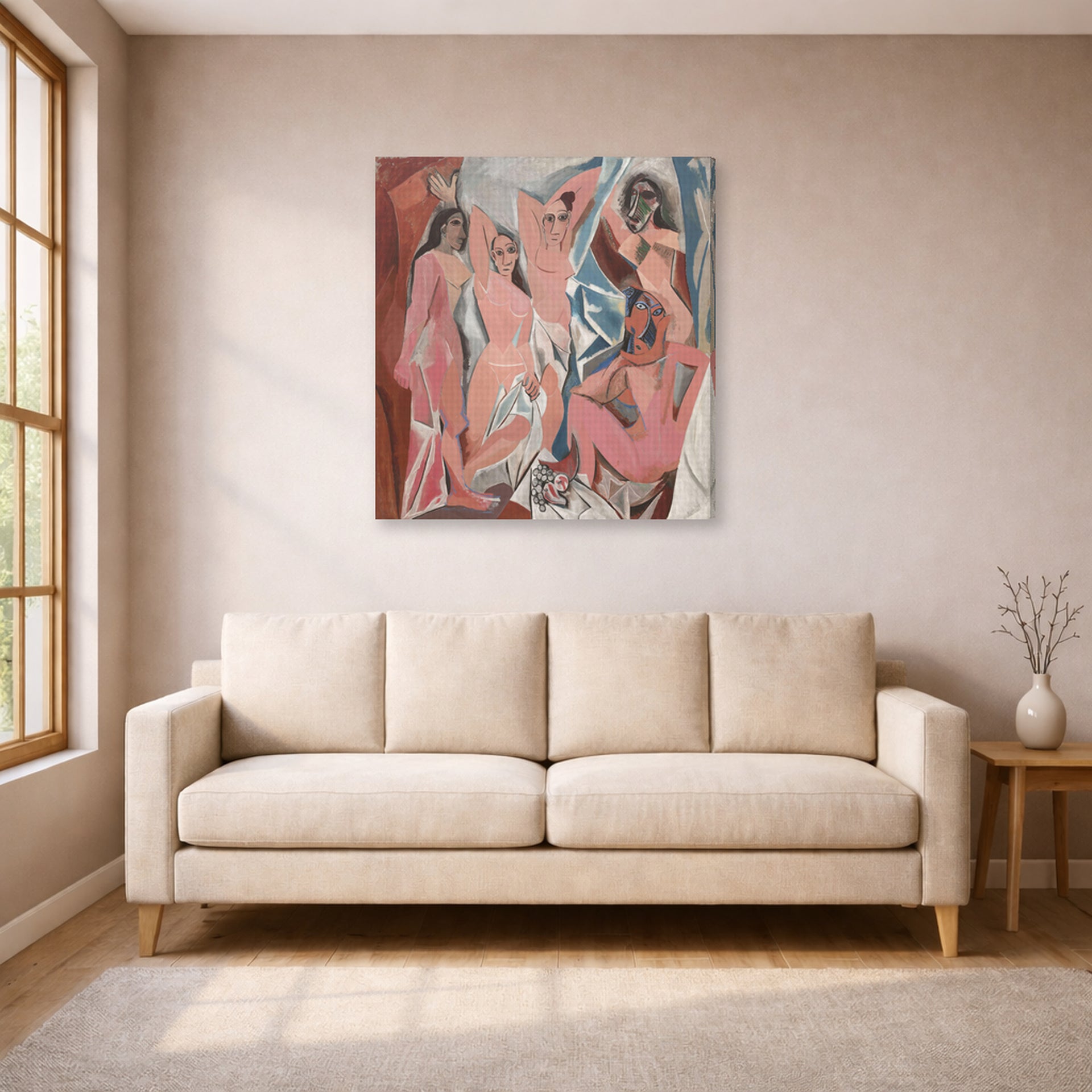 Gallery-wrapped canvas print of Pablo Picasso's 'Les Demoiselles d'Avignon' displayed on a wall in a living room