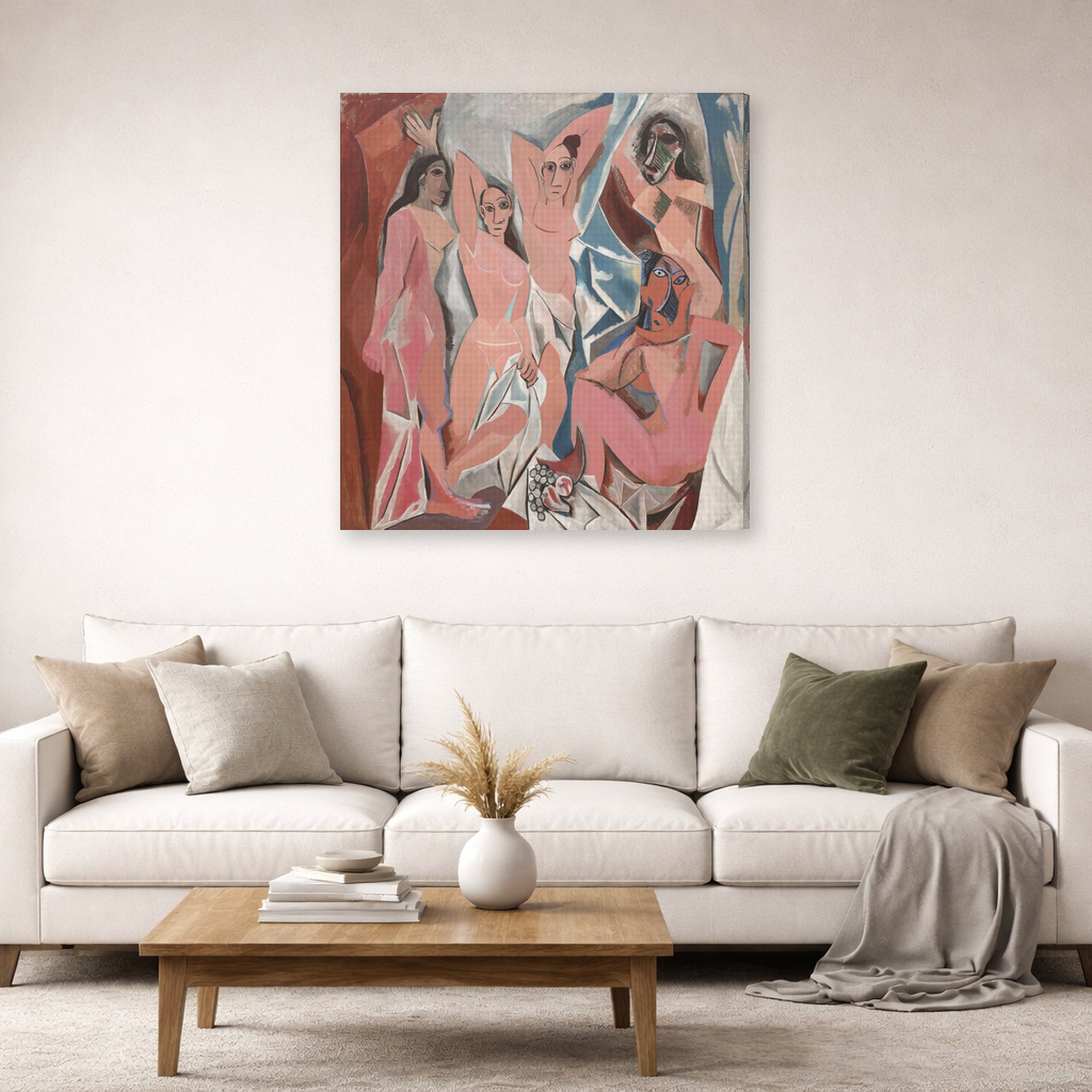 Gallery-wrapped canvas print of Pablo Picasso's 'Les Demoiselles d'Avignon' displayed on a wall in a living room