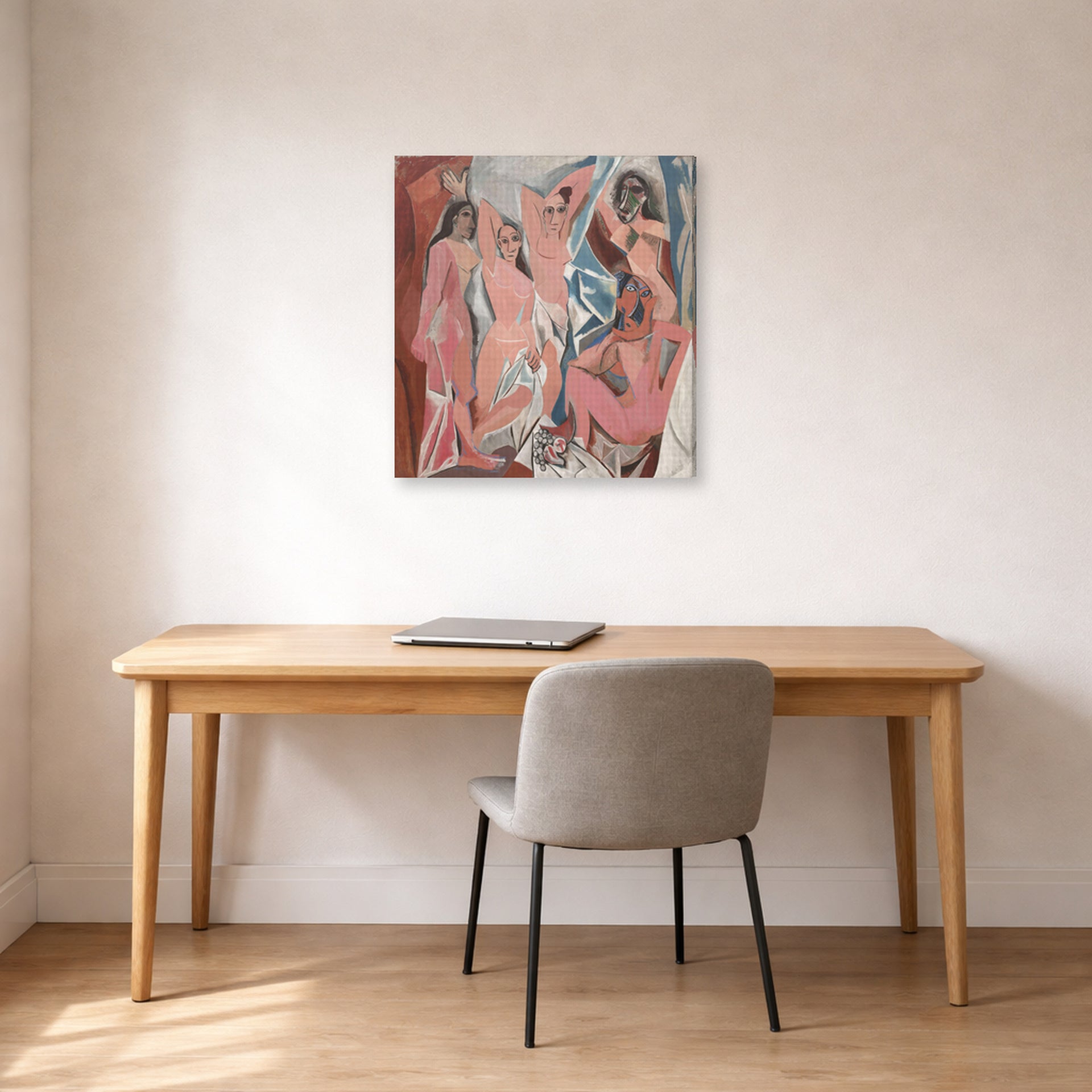 Gallery-wrapped canvas print of Pablo Picasso's 'Les Demoiselles d'Avignon' displayed on a wall in a home office