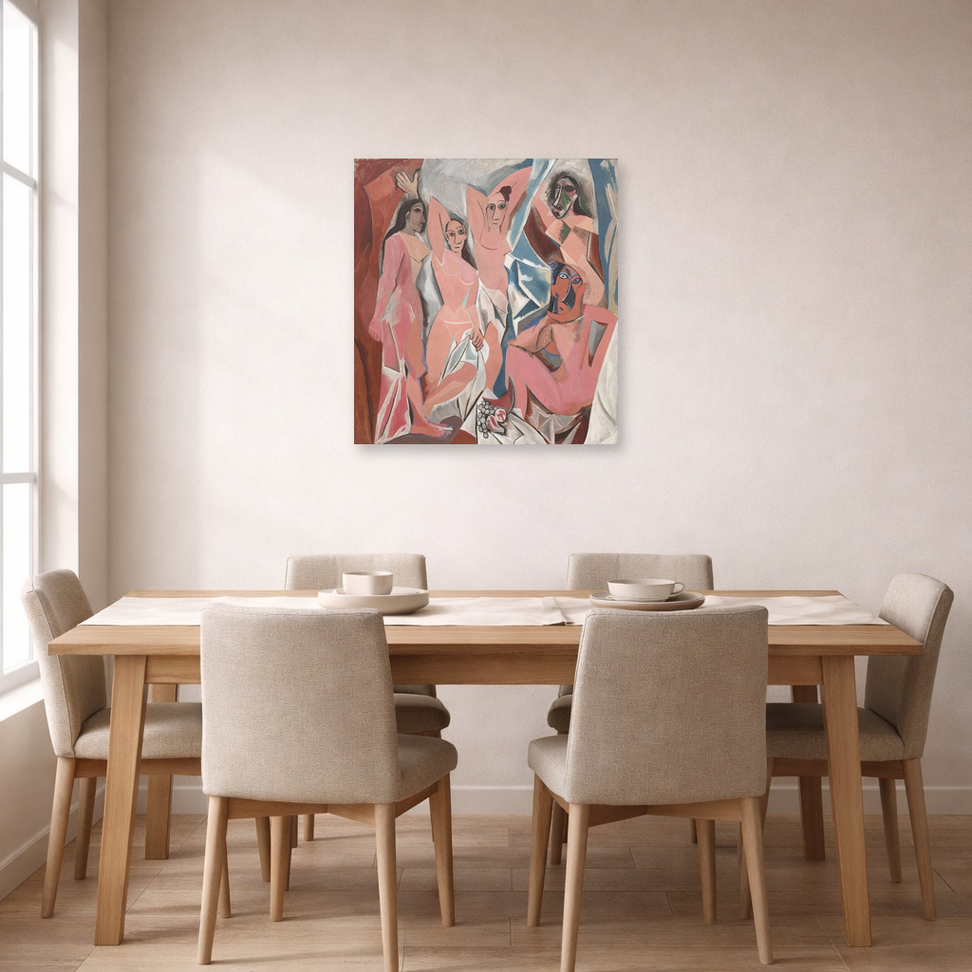 Unframed poster print of Pablo Picasso's 'Les Demoiselles d'Avignon' displayed on a wall in a dining room