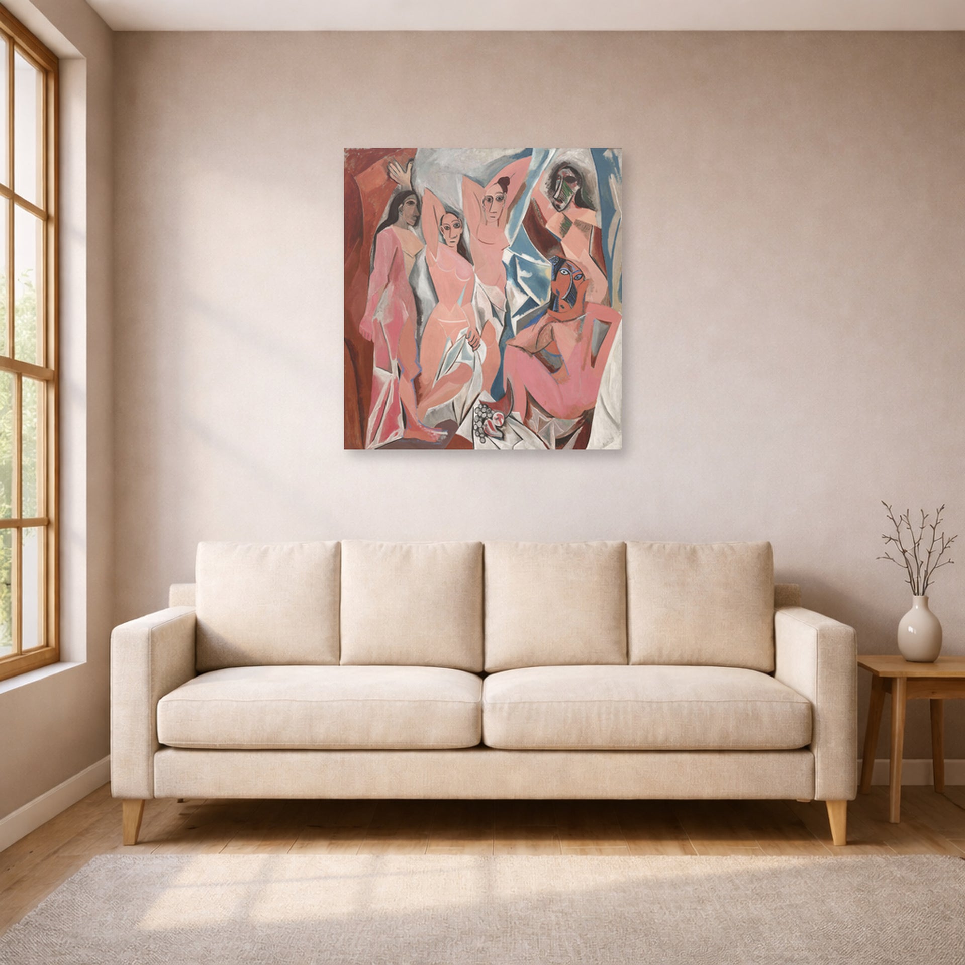 Unframed poster print of Pablo Picasso's 'Les Demoiselles d'Avignon' displayed on a wall in a living room