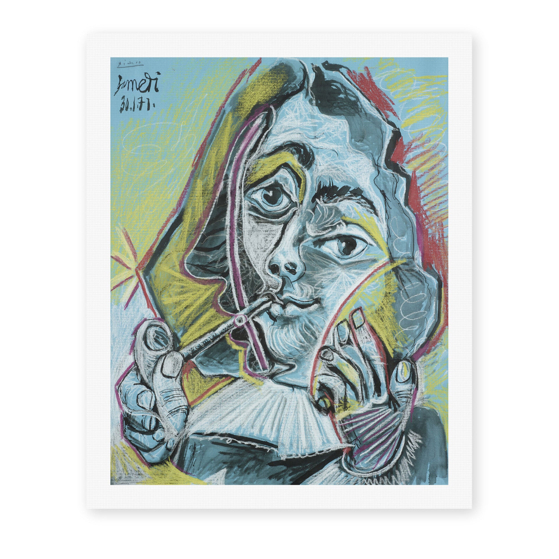 Pablo Picasso's 'Man Smoking a Pipe' painting reproduced as a rolled canvas print