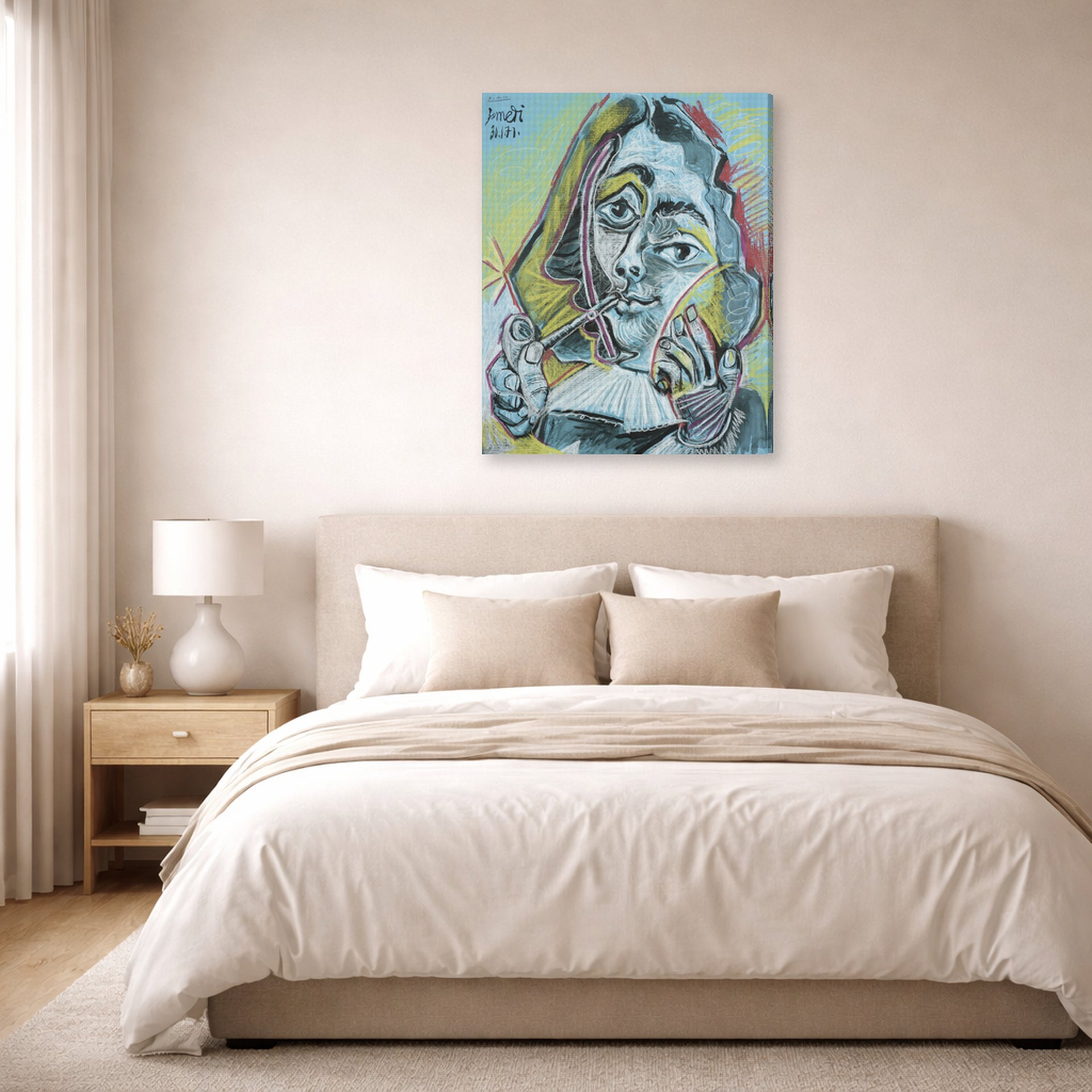 Gallery-wrapped canvas print of Pablo Picasso's 'Man Smoking a Pipe' displayed on a wall in a bedroom